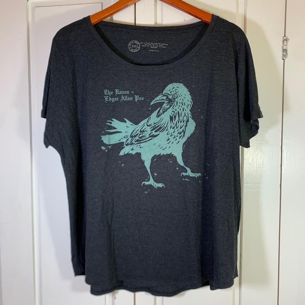 Out of Print Edgar Allan Poe The Raven Graphic Tee Charcoal 3X Book Lover Author